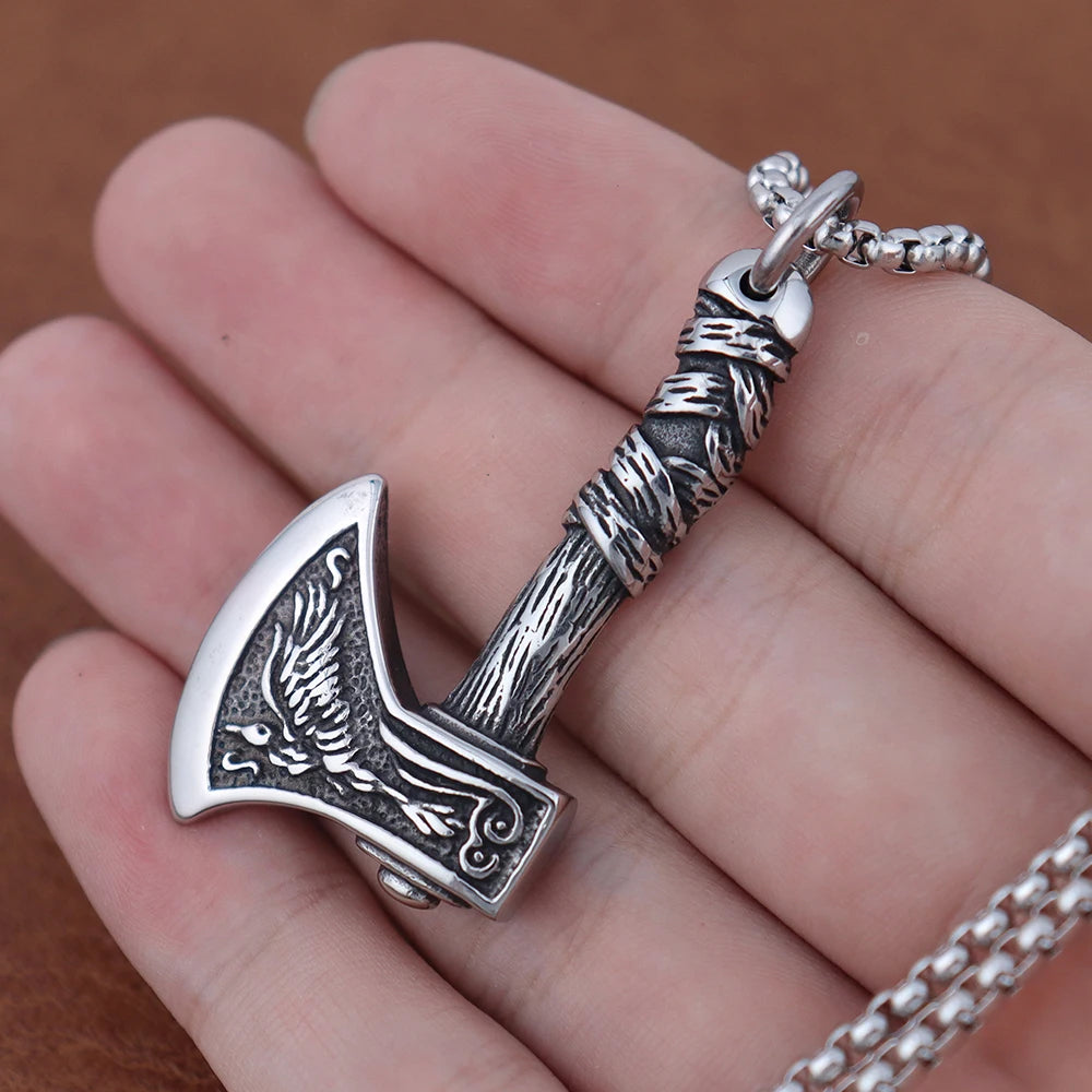 Retro Viking Wolf and Odin Crow Axe Pendant Boutique Stainless Steel Nordic Necklace for Birthday Gift Popular Jewelry