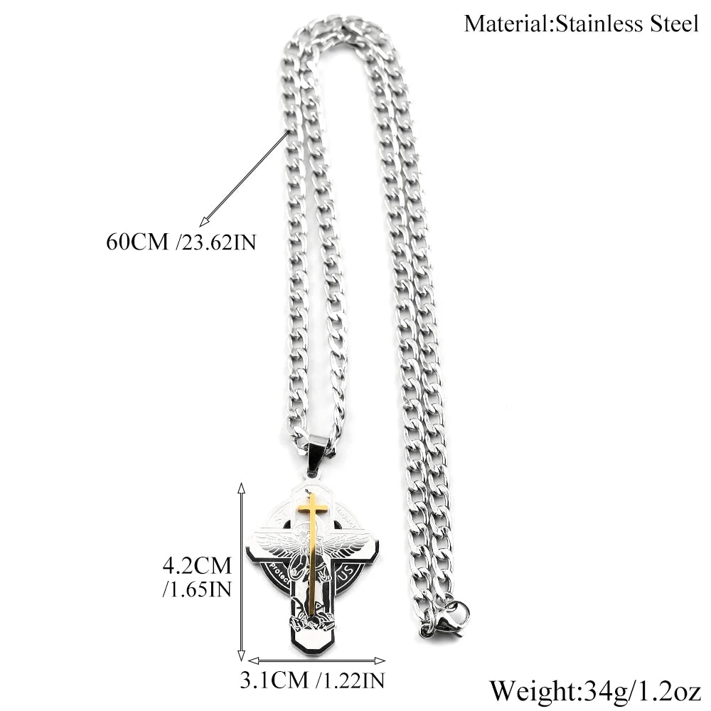 Archangel St.Michael Protect Us Cross Pendant Necklace for Women Men Stainless Steel Catholic Silver Color Amulet Chain Jewelry