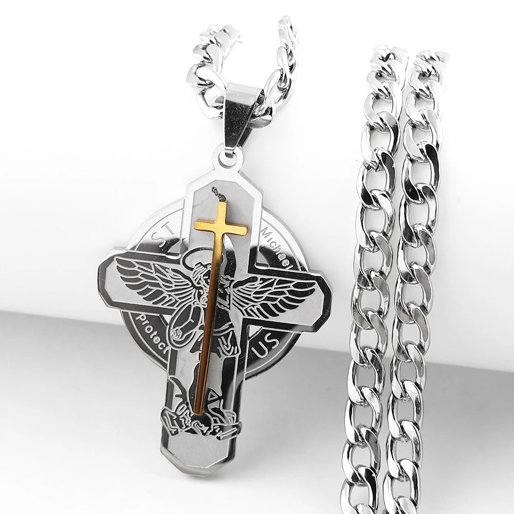 Archangel St.Michael Protect Us Cross Pendant Necklace for Women Men Stainless Steel Catholic Silver Color Amulet Chain Jewelry