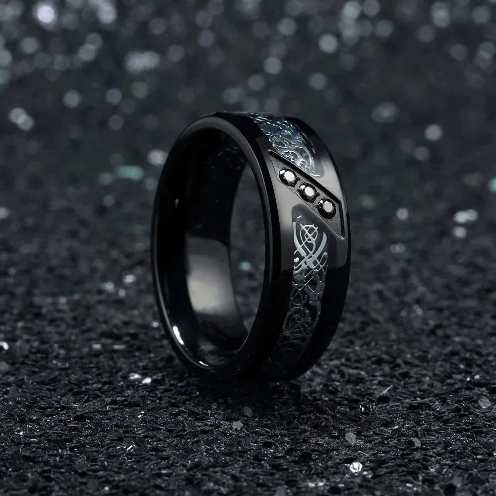 Fashion 8mm Men Stainless Steel Celtic Dragon Rings Inlay Black Zircon Carbon Fiber Rings For Men Wedding Jewelry Drop shipping