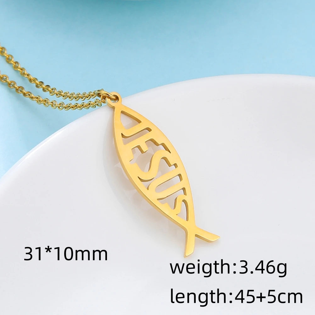 LIKGREAT Christian Jesus Fish Pendant Necklace for Women Stainless Steel Ichthys Faith Pray Choker Jewelry Valentine's Day Gifts