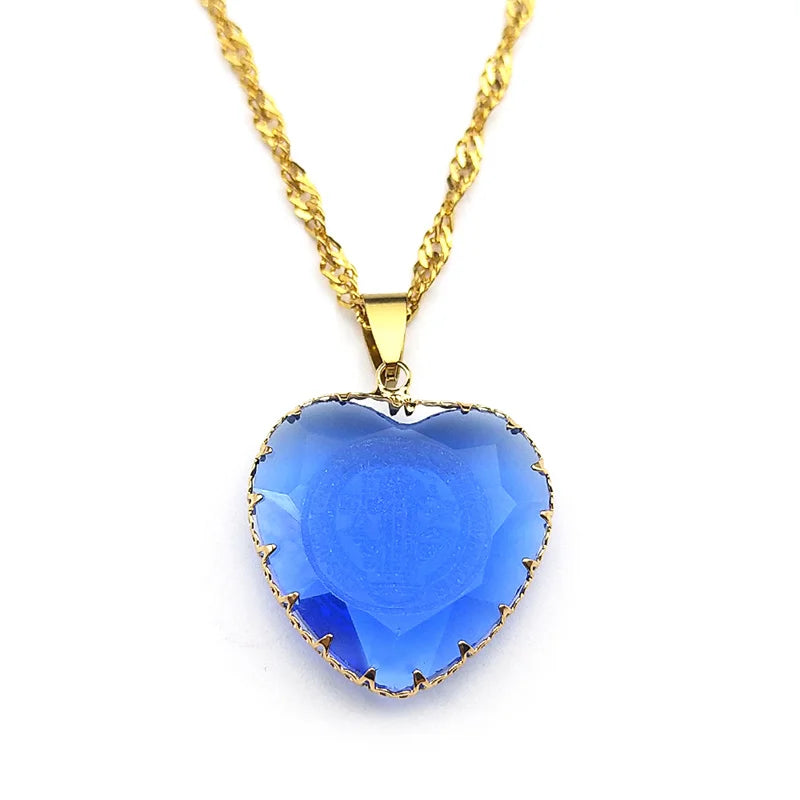 Catholic Saint Benedict Blue Heart Glass Pendant Necklace for Women Men Stainless Steel Chain Necklaces Jewelry San Benito