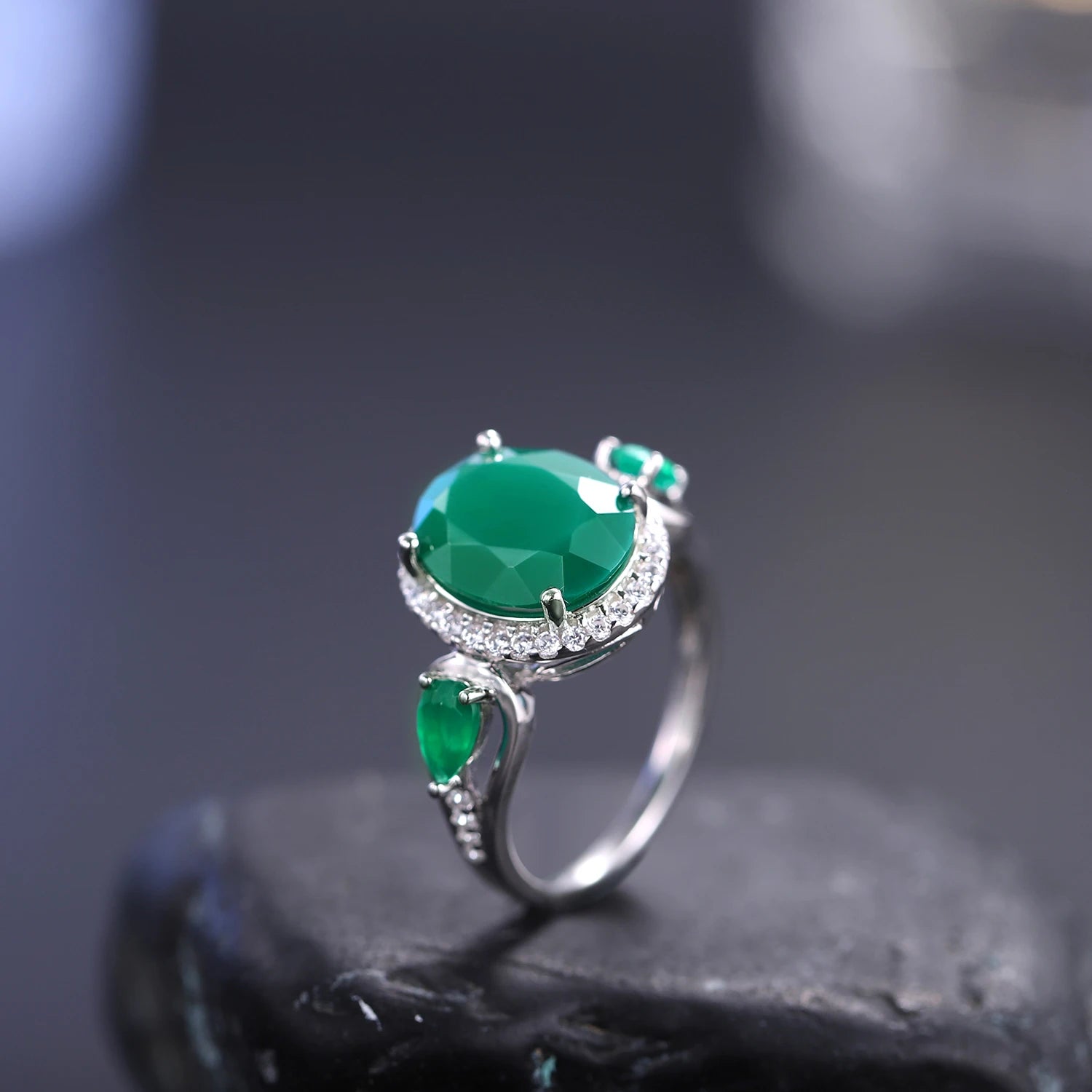 Gem's Ballet 3.73Ct Natural Green Agate Gemstone Ring Solid 925 Sterling Silver For Women Vintage Onyx Rings Fine Jewelry