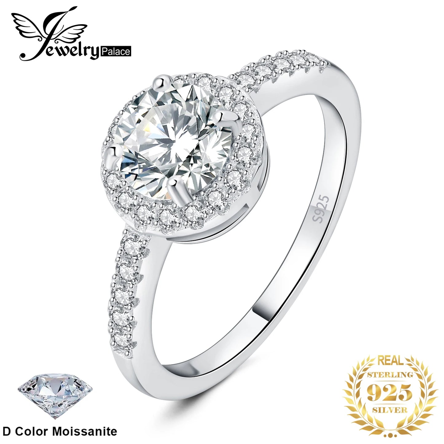 JewelryPalace Moissanite D Color 1ct Round 925 Sterling Silver Wedding Engagement Halo Ring for Woman Yellow Rose Gold Plated
