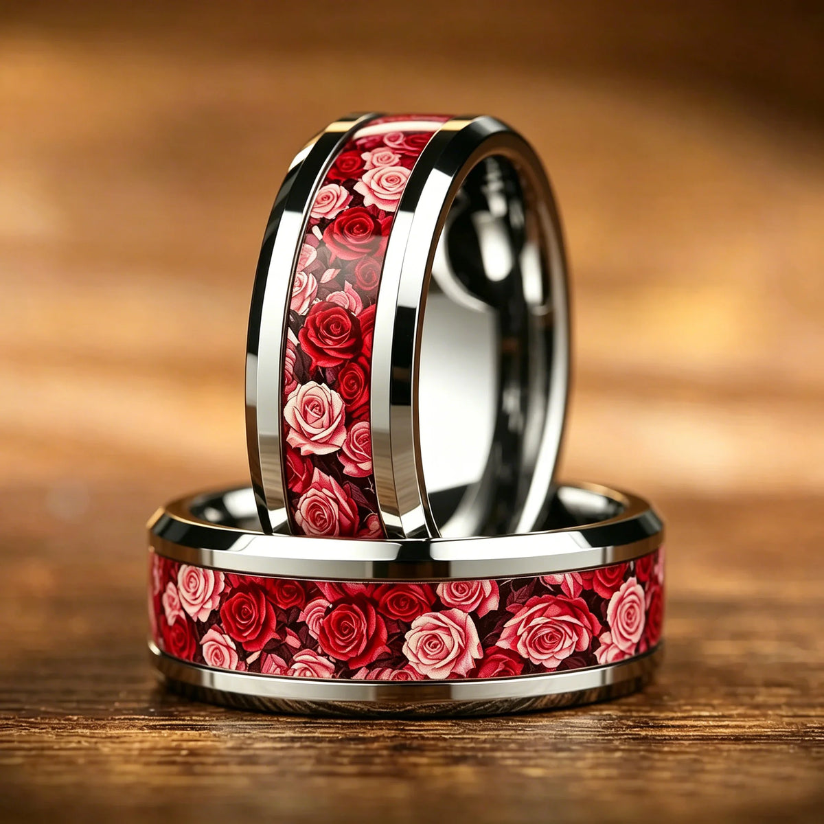 Romantic Red Pink Rose Rings, 8mm Stainless Steel Couple Rings For Men Women, Wedding Band Jewelry Valentine's Day Gift