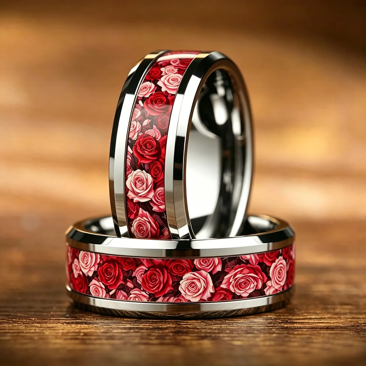 Romantic Red Pink Rose Rings, 8mm Stainless Steel Couple Rings For Men Women, Wedding Band Jewelry Valentine's Day Gift