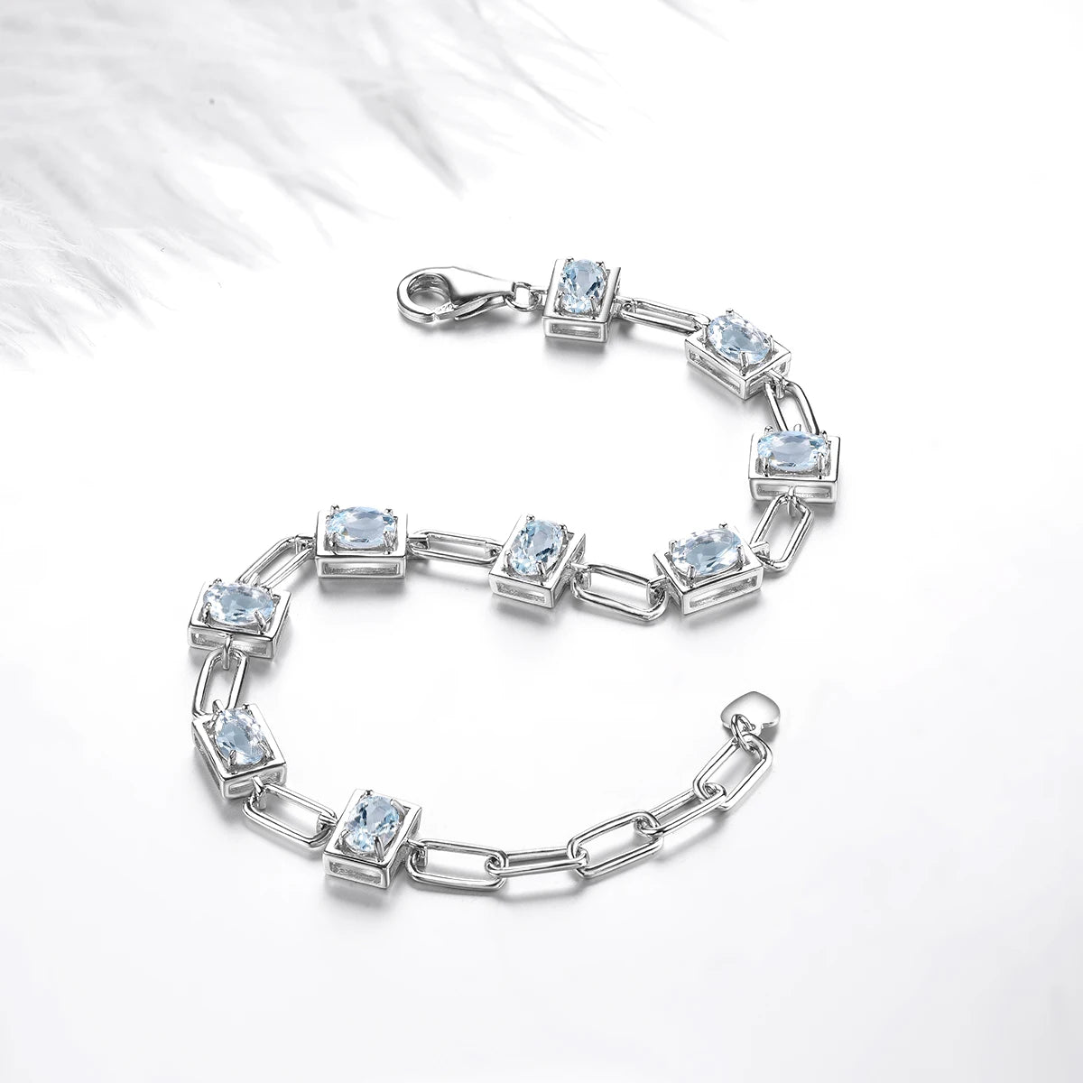 Genuine Aquamarine Solid Silver Bracelet S925 Natural Light Blue Gemstone 3.6 Carats Unique Special Style Women Birthday Gift