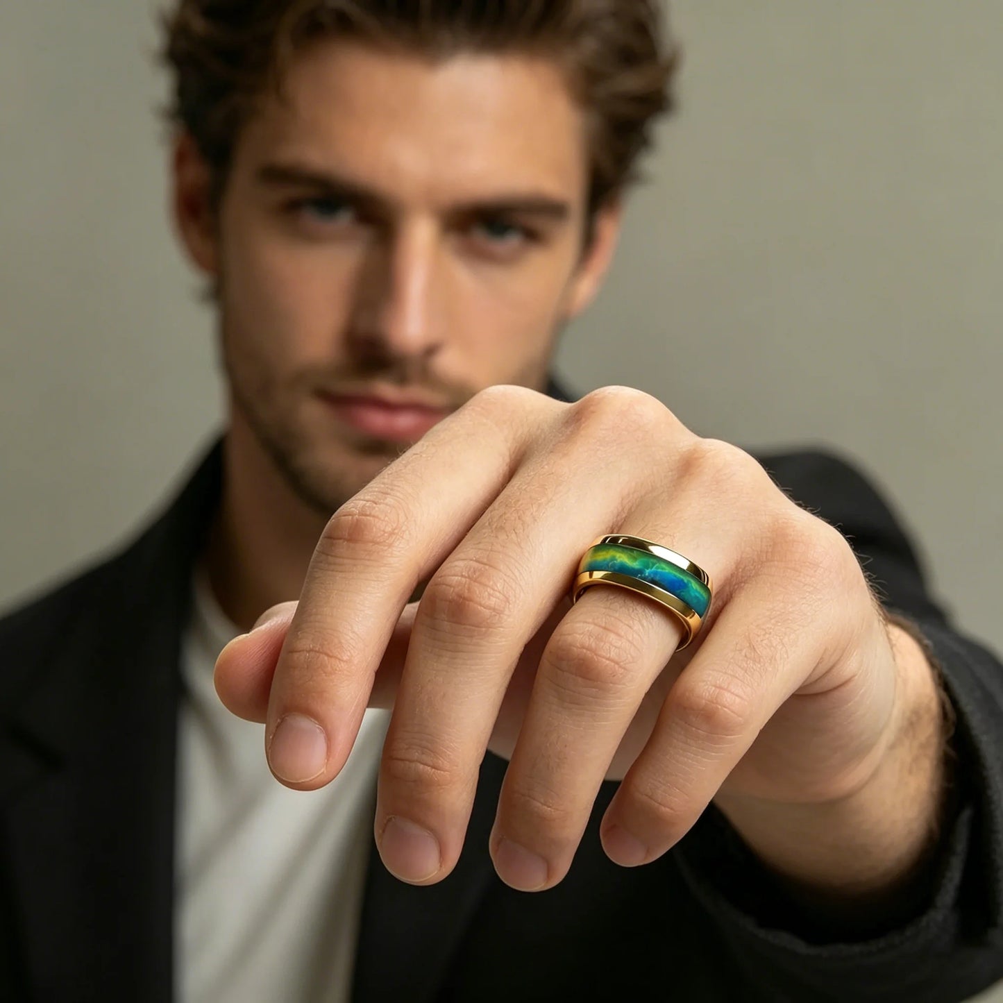 Luxury Gold Color With Green Blue Aurora Borealis Pattern Inlay Stainless Steel Men's Ring Wedding Band Jewelry Wholesale