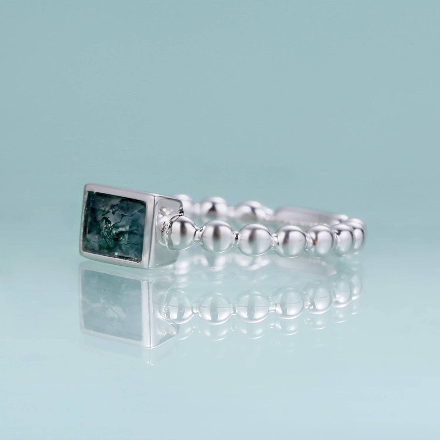 GEM'S BALLET Dainty 0.53Ct Natural Moss Agate Gemstone Ring in 925 Sterling Silver Bead Band Ring Mothers Day Gifts