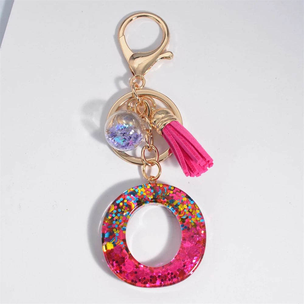 Colorful Letter Keychain Pendant Glitter Sequin Resin Key Chain Tassel Charms With Ball Keyring Jewelry For Women Bag Ornaments O