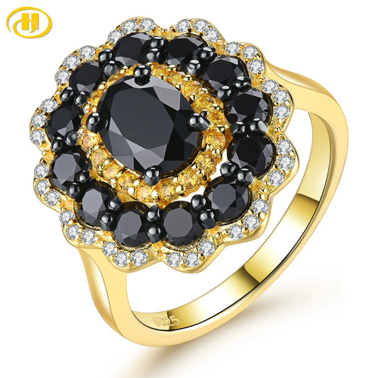 Natural Black Spinel Citrine Silver Rings 3.5 Carats Gemstones Yellow Gold Plated Women's Classic Fine Jewelry Original Design