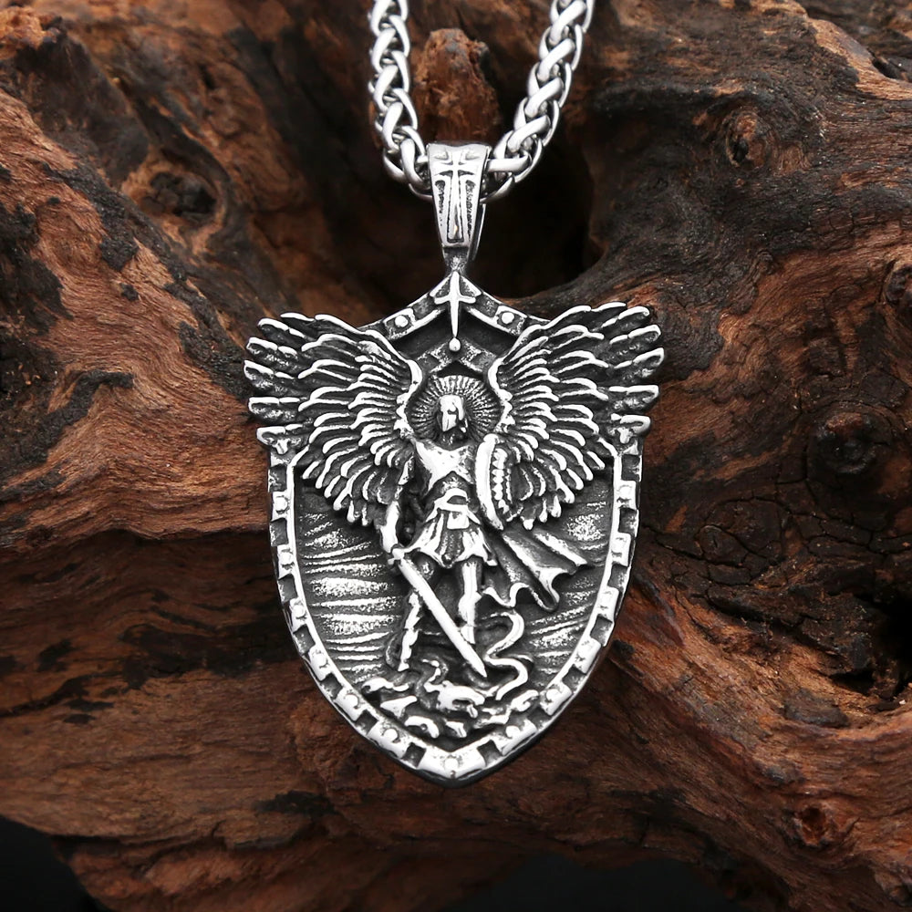 Fashion Vintage Stain Michael With Angel Wings Pandent Necklaces For Men Women Stainless Steel Biker Amulet Jewelry Dropshipping