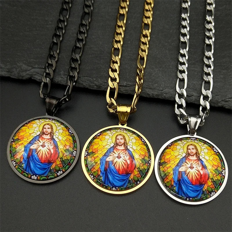 Sacred Heart of Jesus Medal Round Pendant Necklace for Women Men Stainless Steel Christian Talisman Protection Religious Jewelry