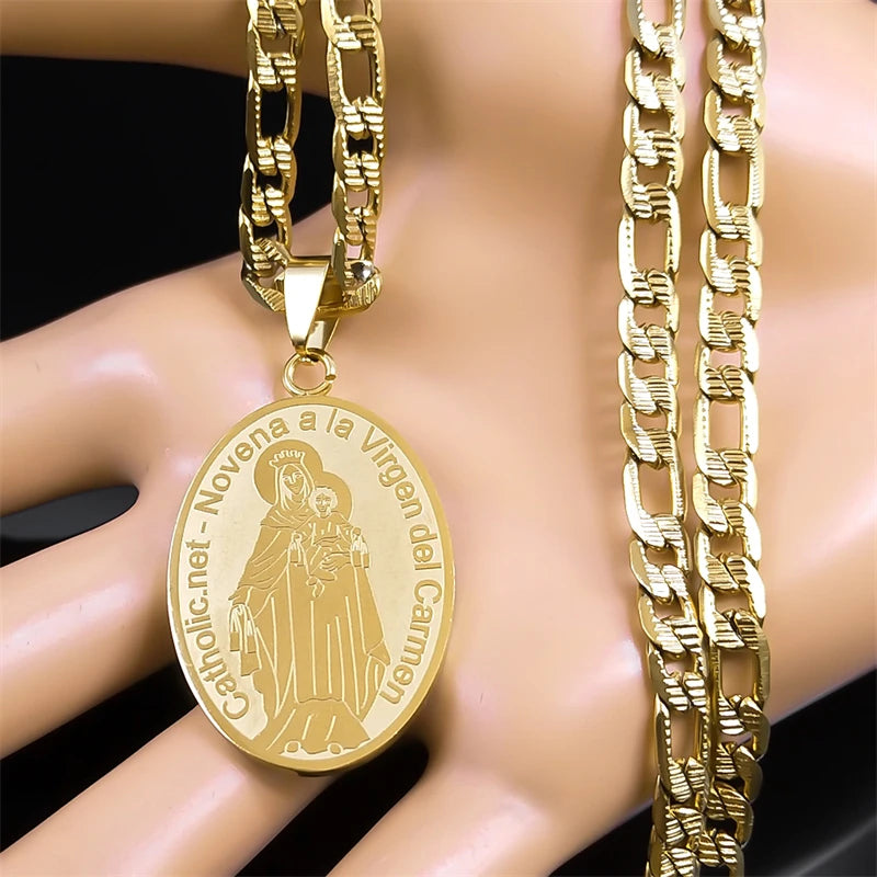 Catholic Virgin Mary Madal Necklace Men Women Stainless Steel Necklaces Jewelry Gift Novena a La Virgen Del Carmen NZZZ137S05