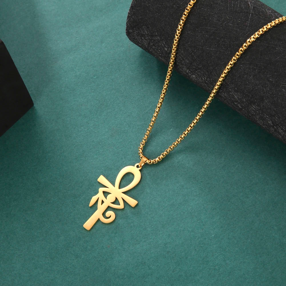 Amaxer Viking Eye of Horus Egypt Ankh Cross Necklace For Men Women Religious Pendant Amulet Vintage Gold Color Jewelry