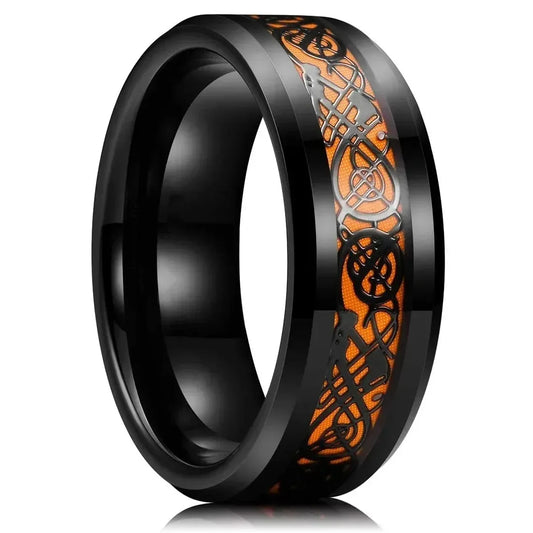Fashion 8mm Men Stainless Steel Celtic Dragon Rings Inlay Orange Carbon Fiber Rings For Men Women Wedding Band Jewelry Wholesale