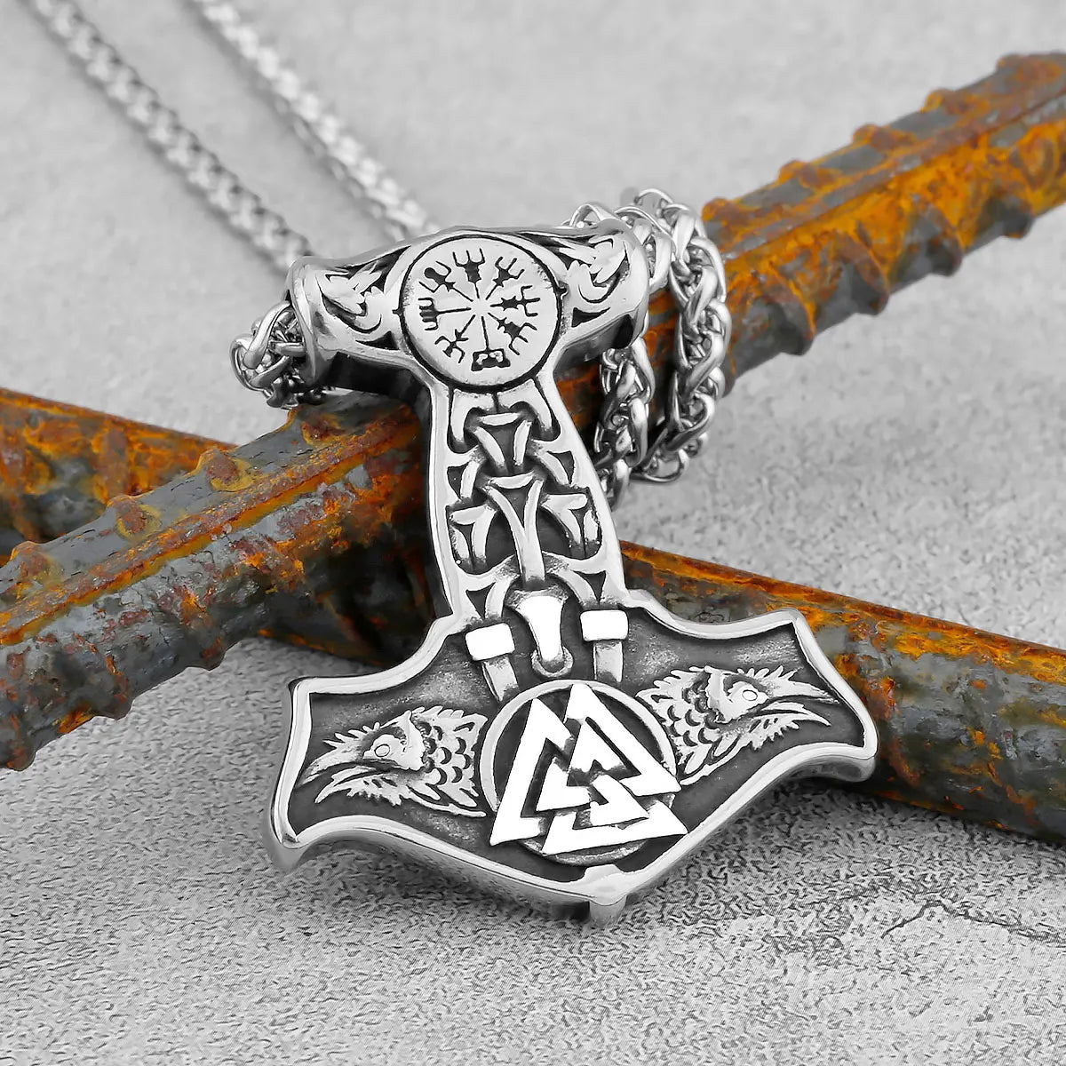 Vintage Thor's Hammer Raven Necklace Stainless Steel Jewelry Animal Nordic Viking Rune Jewelry Pendant Celtic Knot Gift