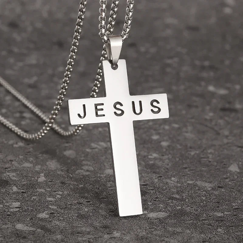 Stainless Steel Cross Letter Pendant Christian Savior Jesus Necklace Men and Women Religious Prayer Amulet Jewelry