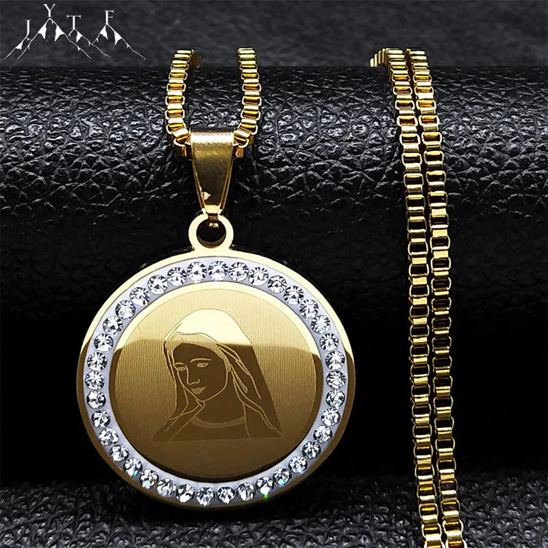 Virgin Mary Love Colorful Crystal Necklace Women Men Stainless Steel Gold Color Our Lady of Guadalupe Necklaces Jewelry N8389S05