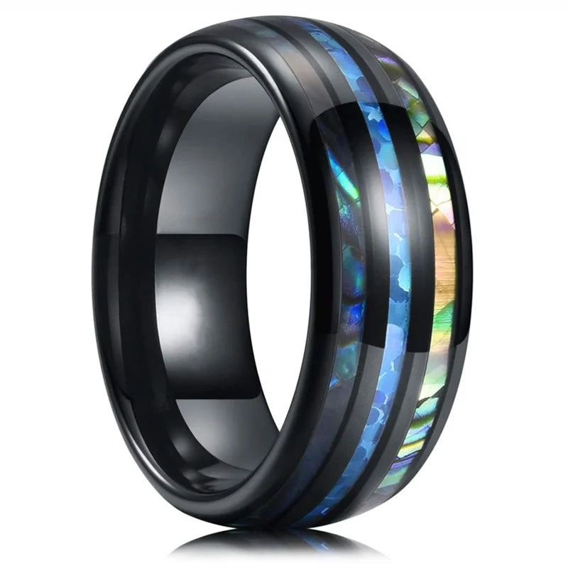 Fashion 8MM Rose Gold Color Stainless Steel Rings For Men Women Colorful Abalone Shell  Inlaid Men Rings Wedding Party Jewelry