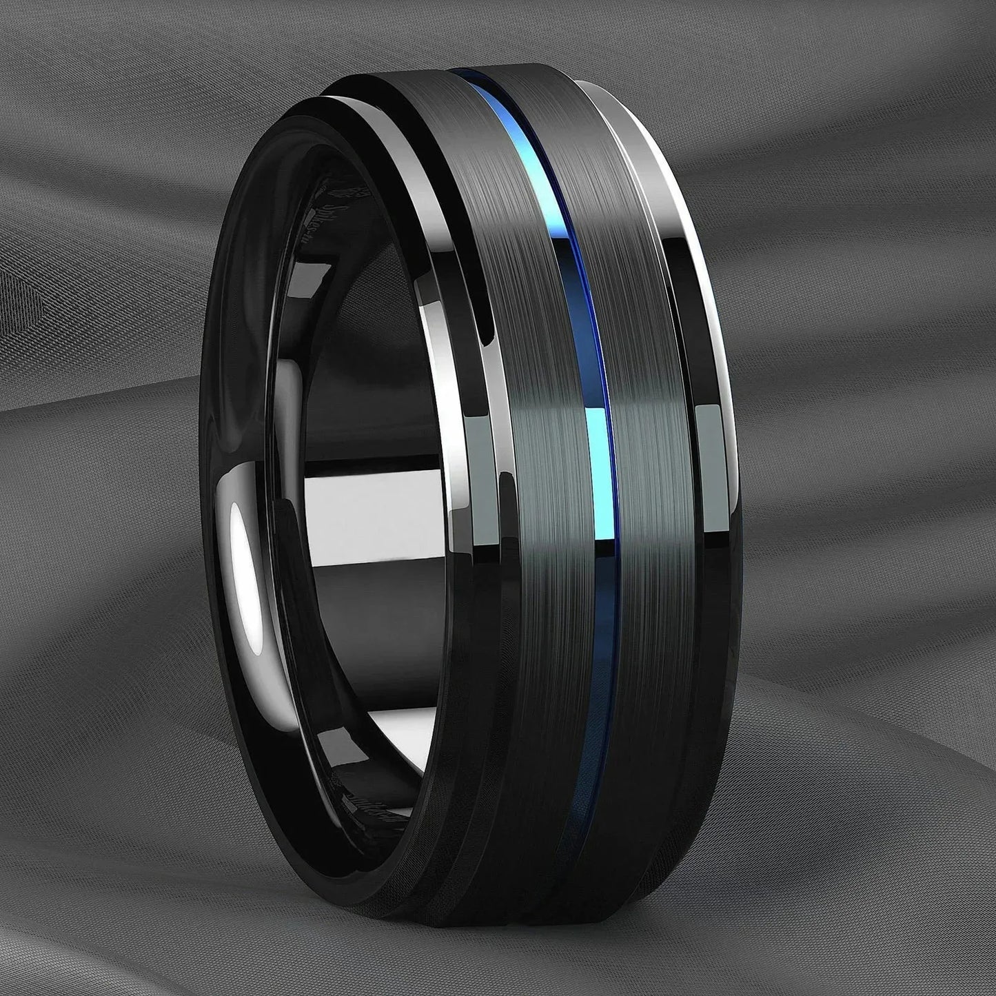 Fashion 8mm Stainless Steel Rings For Men Women Blue Groove Step Edge Black Brushed Engagement Rings Wedding Anniversary Jewelry