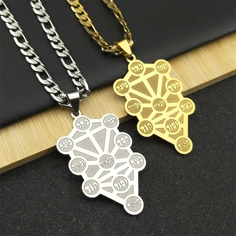 Kabbalah Sephirot Tree of Life Hebrew Pendant Necklace for Women Men Cabala Stainless Steel Chain Necklaces Jewelry Gifts