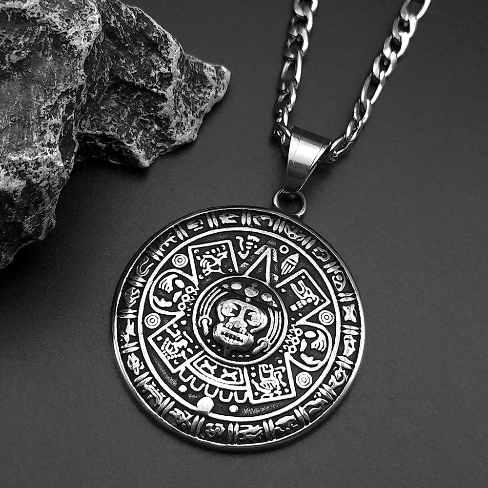 Vintage Mayan Symbol Pendant Necklace For Men Women Stainless Steel Black Ethnic Style Faith Amulet Chain Jewelry Accessories