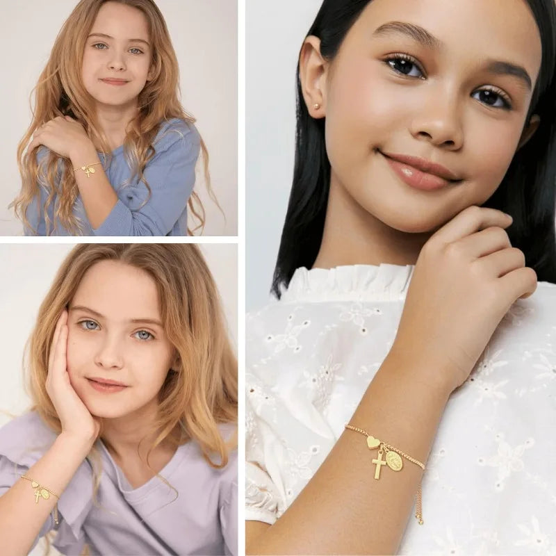 18k Gold Catholic Virgin Mary Cross Heart Bracelet Gift for Women Confirmation First Communion Religious Christian Faith Jewelry