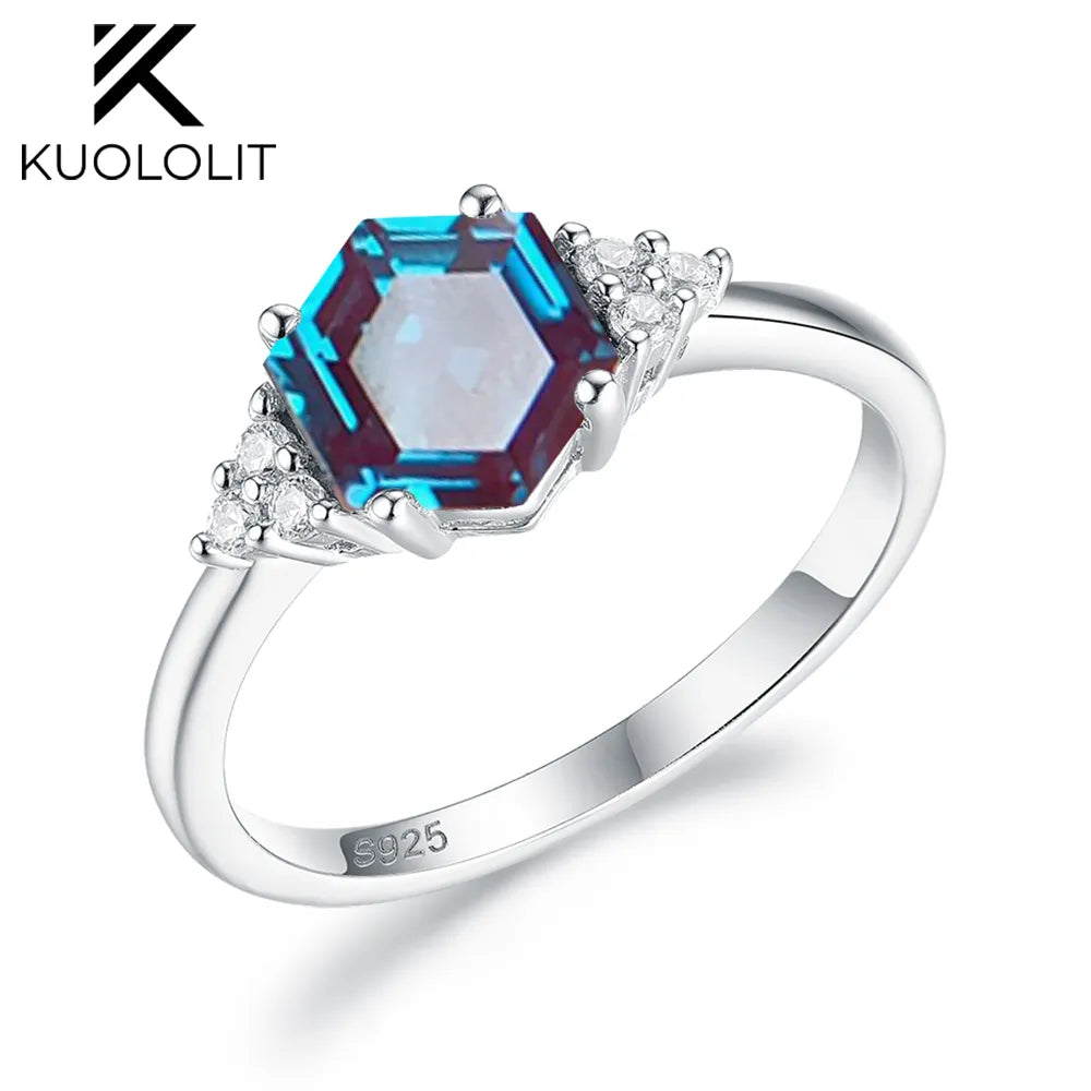 Kuololit Hexagon Lab Grown Alexandrite Gemstone Solid 925 Sterling Silver Rings for Women Luxury Jewelry Wedding Engagement Gift