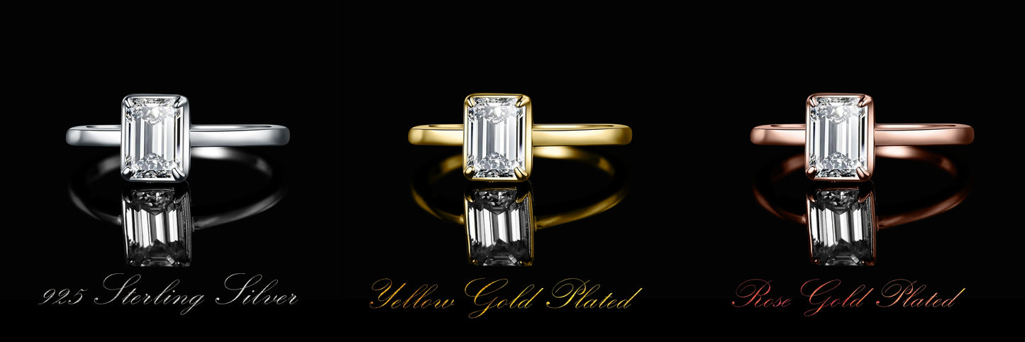 JewelryPalace Moissanite D Color 1ct Emerald Cut 925 Sterling Silver Solitaire Wedding Ring for Woman Yellow Rose Gold Plated