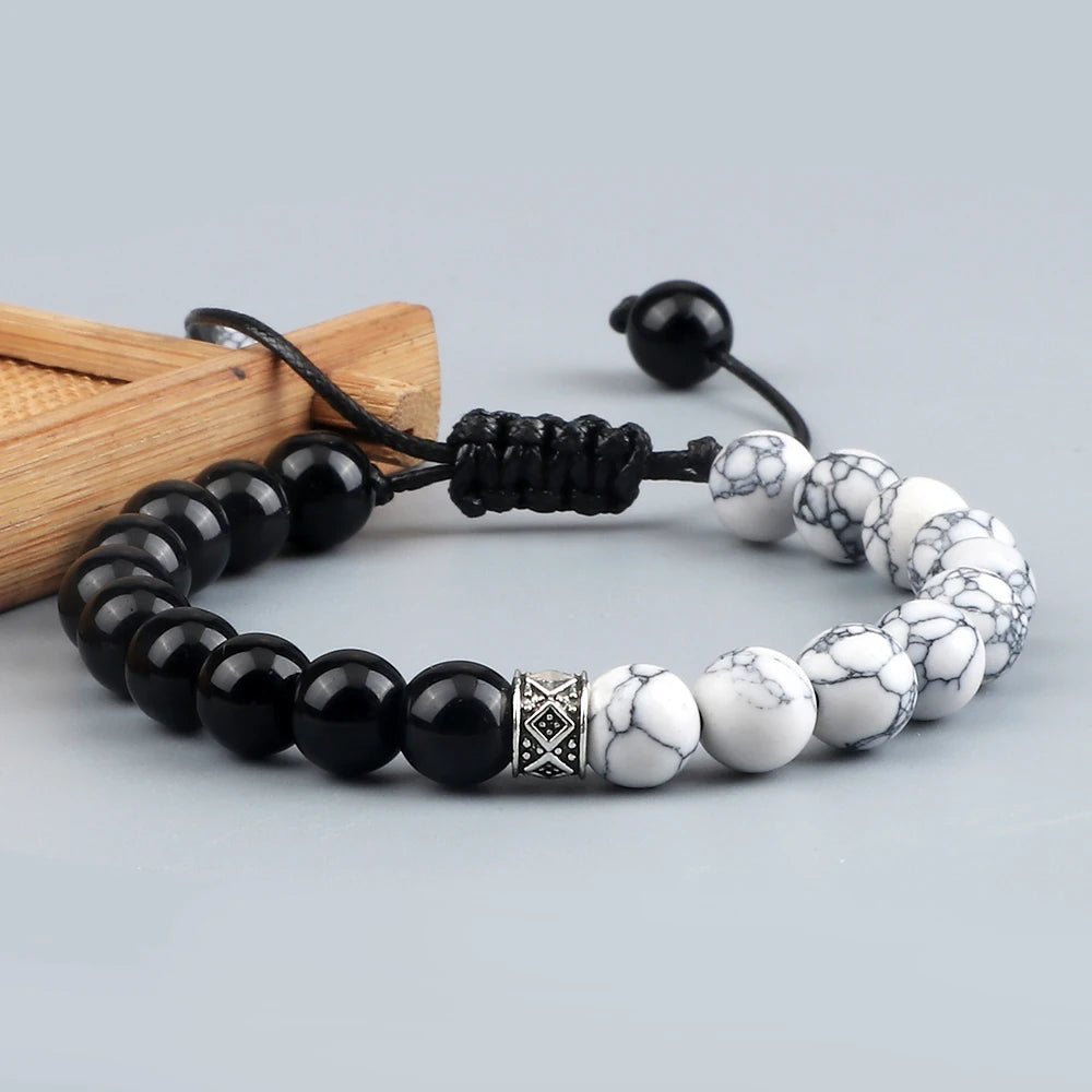 Fashion Black White Beaded Bracelets For Men 8mm Natural White Howlite Stone Beads Bracelet Women Meditation Prayer Jewelry Gift