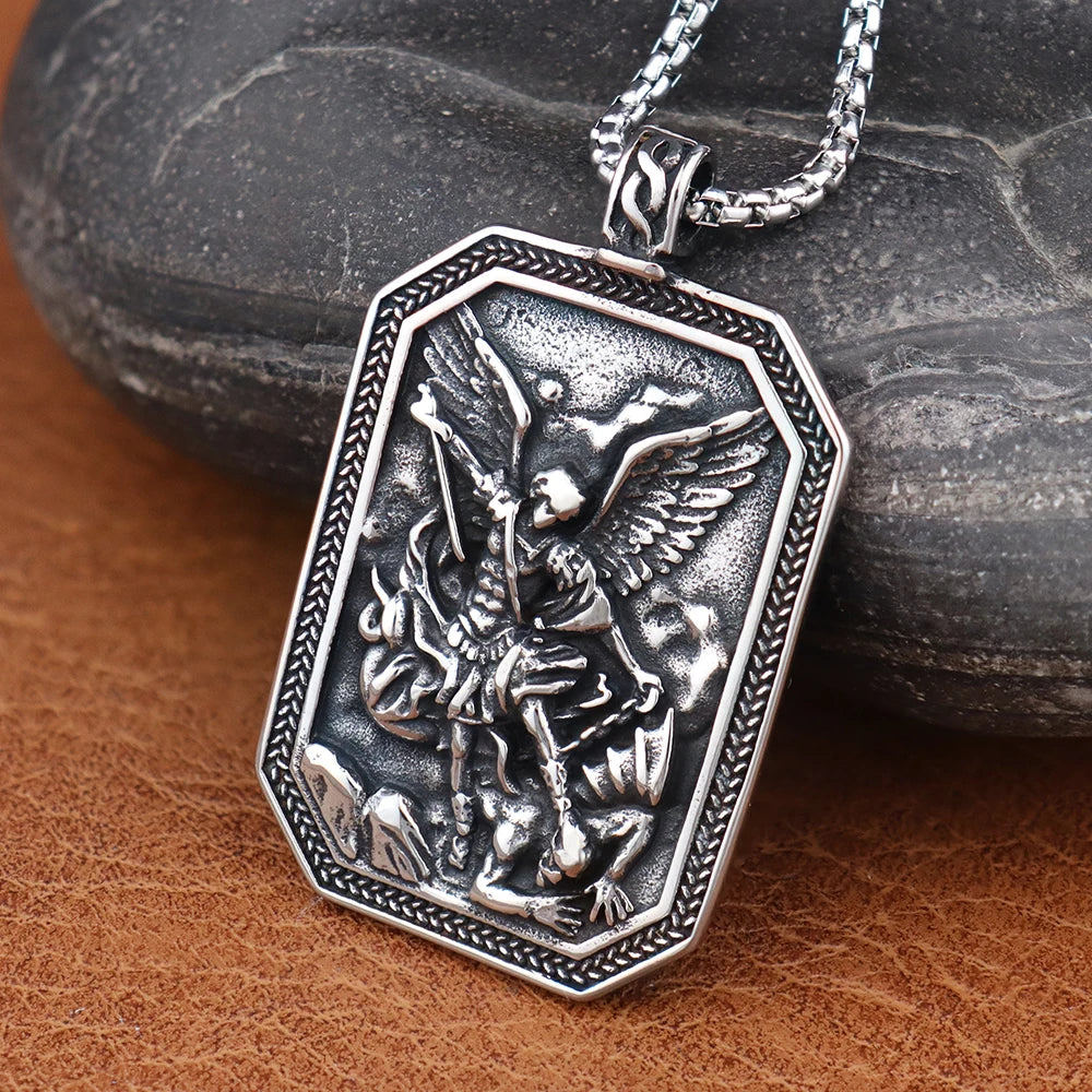 Vintage Angel St.Michael Men Pendant Stainless Steel Unique Angel Wings Shield Necklace Amulet Fashion Male Jewelry Dropshipping