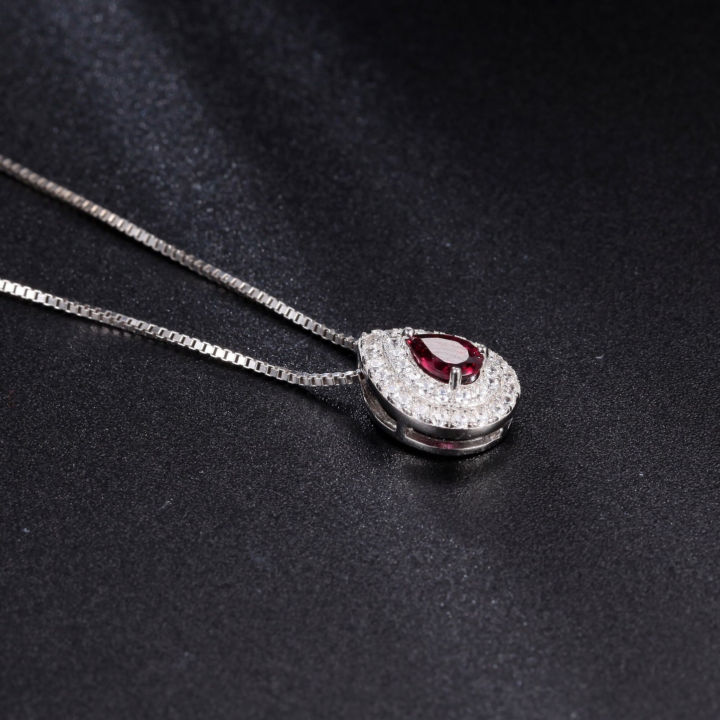 GEM&#39;S BALLET Dainty Gemstone Necklace 4x6mm Pear Shape Rhodolite Garnet Halo Solitarie Pendant Necklace in 925 Sterling Silver