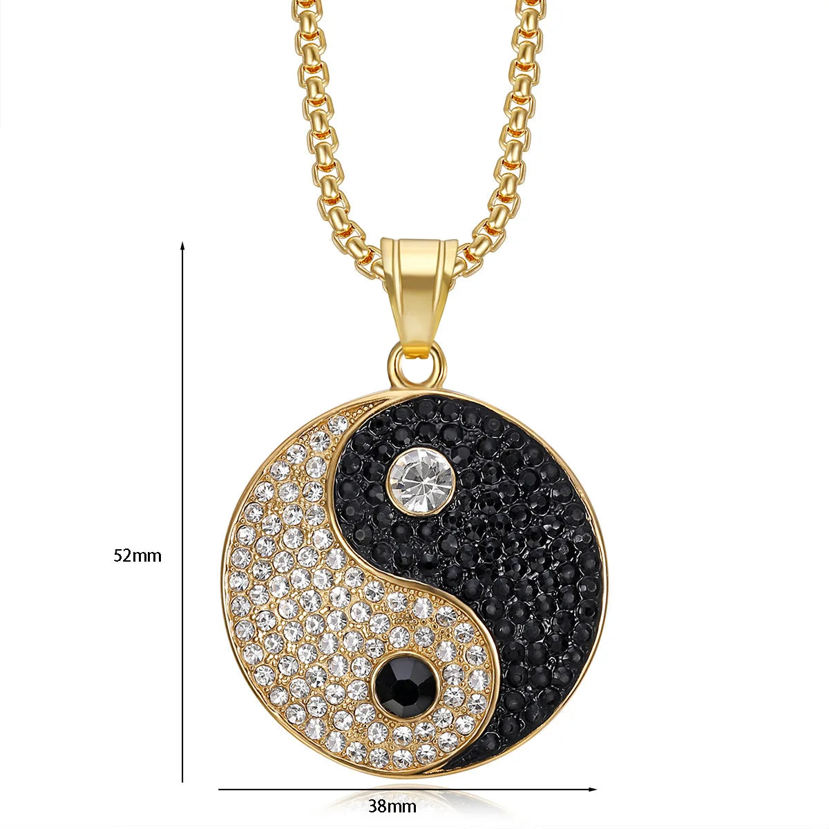 Unisex HipHop Rhinestone Jewelry Stainless Steel Gold Plated YinYang Bagua Pendant Necklace for Gift