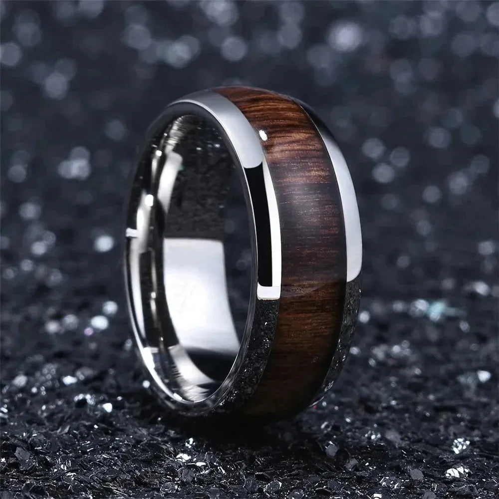 Fashion 8MM Silver Color Stainless Steel Rings For Men Women Domed Koa Wood Inlay Promise Rings Wedding Engagement Jewelry Gift