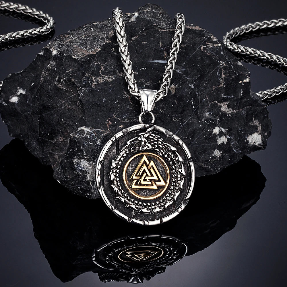 Vikings Ouroboros Dragon Necklace Men Stainless Steel Norse Runes Triangle Pendant Amulet Scandinavian Jewelry Vintage Male Gift