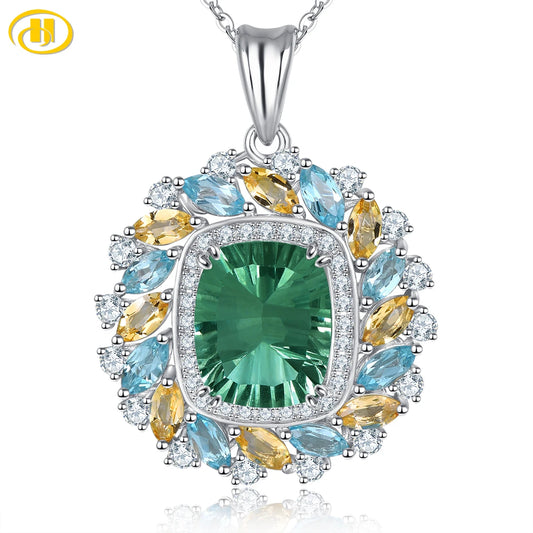Natural Green Fluorite Sterling Silver Pendant 6.8 Carats Genuine Citrine Topaz Original Design Exquisite Fine Jewelrys