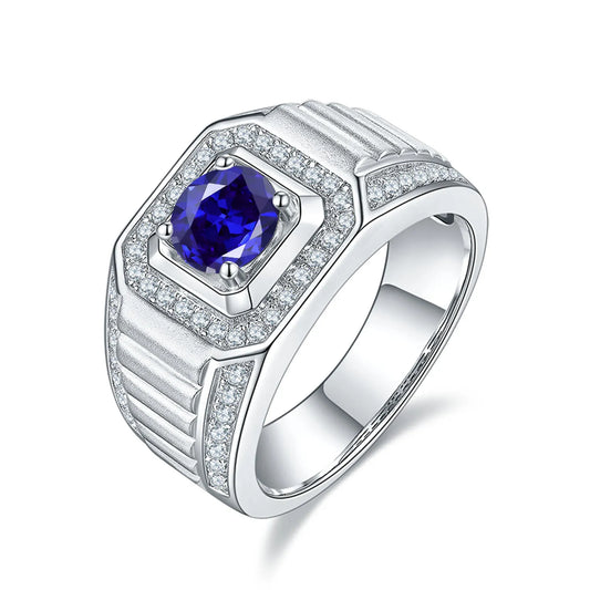 GEM'S BALLET Big Mount Luxurious Men's Ring, 1.37 Ct Round Lab Grown Sapphire, 925 Sterling Silver Men's Wedding Sapphire Ring 925 Sterling Silver Lab Grown Sapphire