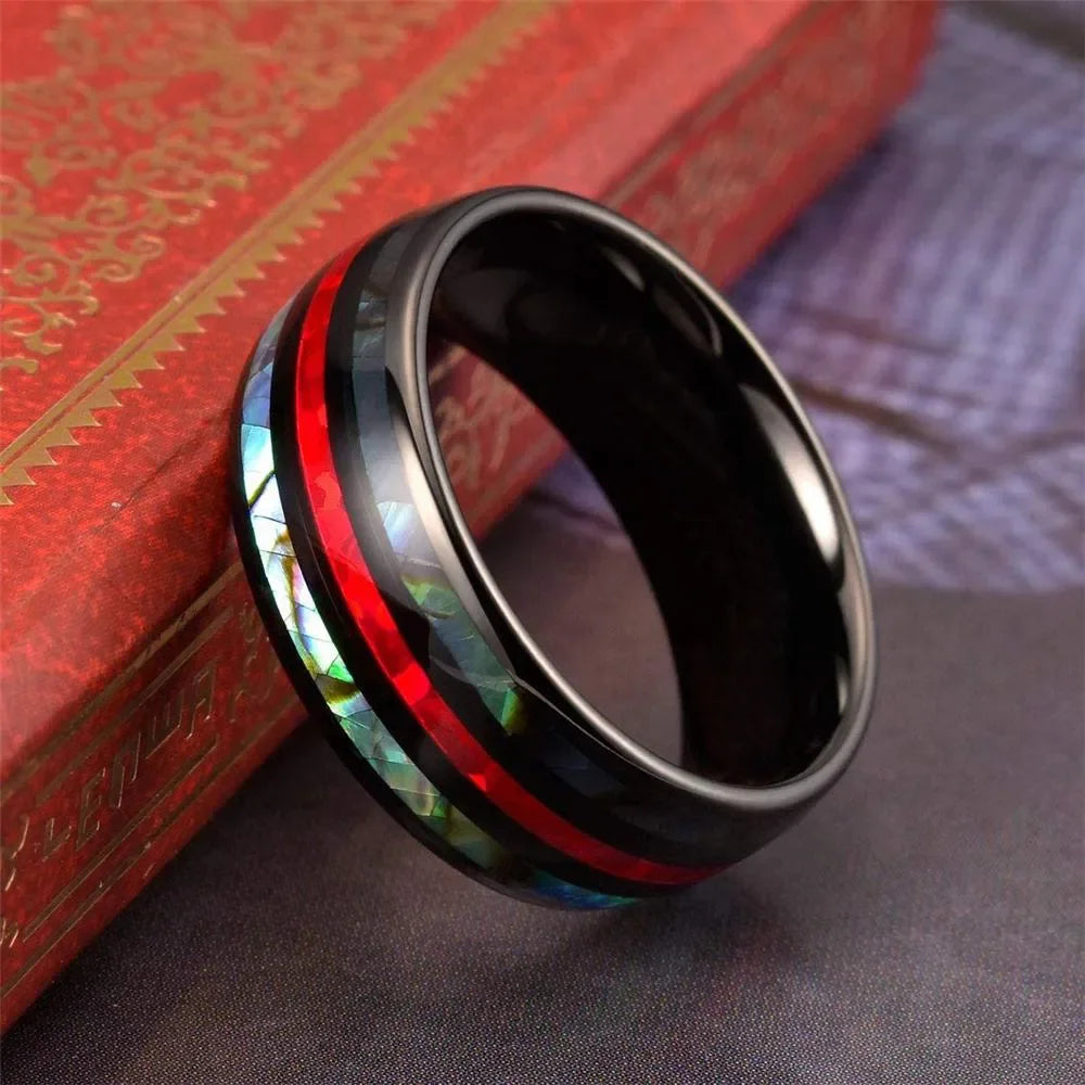 Fashion 8MM Rose Gold Color Stainless Steel Rings For Men Women Colorful Abalone Shell  Inlaid Men Rings Wedding Party Jewelry