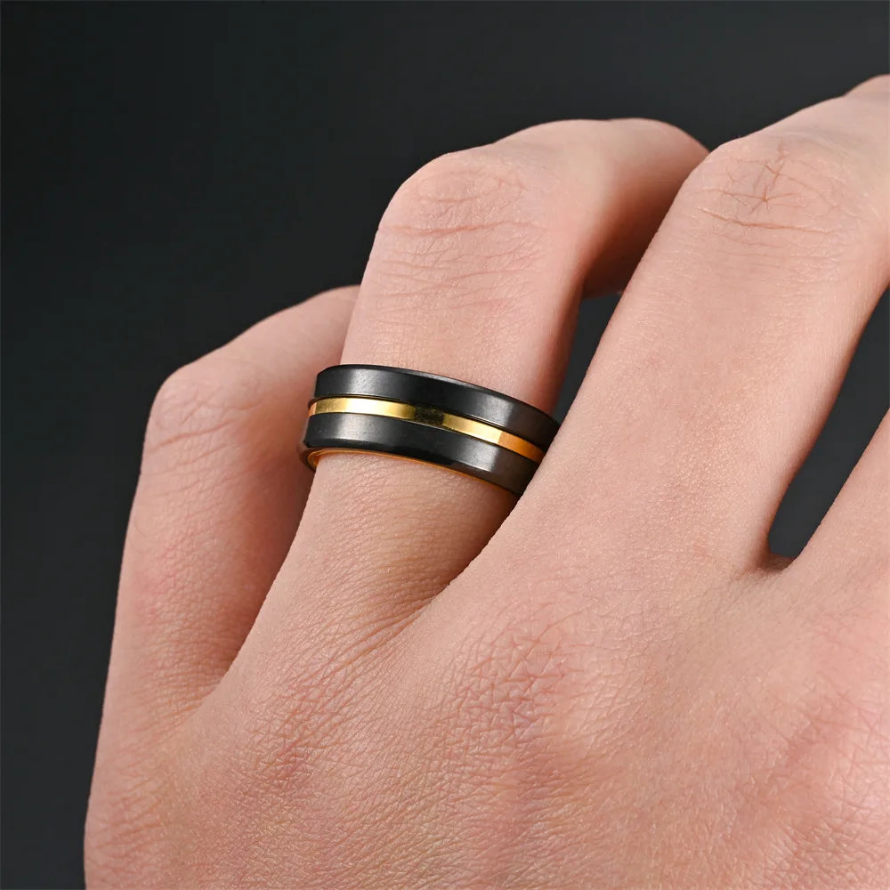Fashio Men Rings Black Titanium Stainless Steel Rings For Men Women Brick Pattern Finish Beveled Edge Wedding Ring Party Jewelry