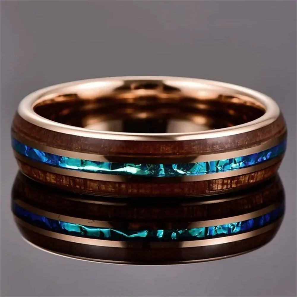 Fashion 8mm Men Rose Gold Color Stainless Steel Rings Inlay Hawaiian Koa Wood and Abalone Shell Rings For Men Wedding Jewelry