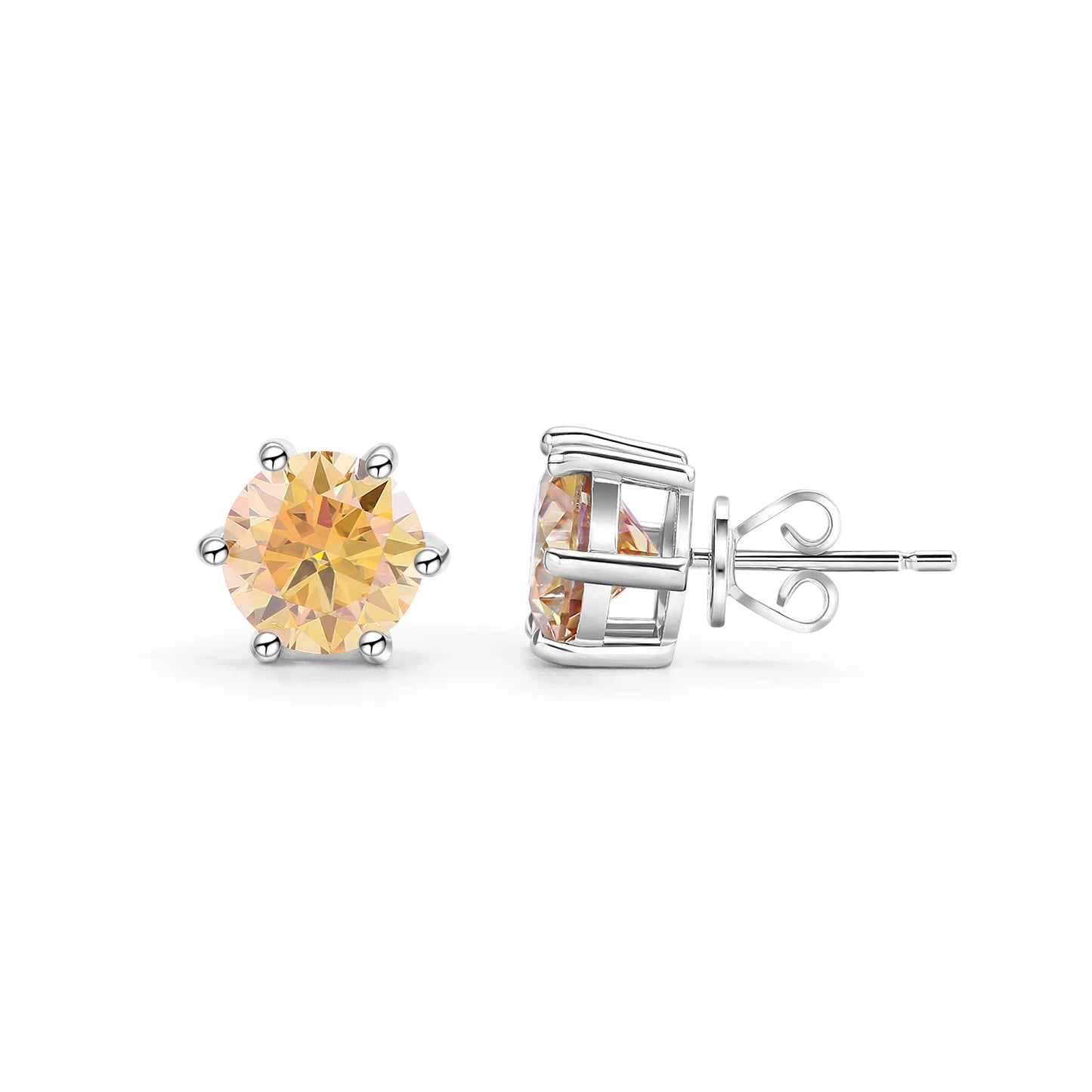 GEM'S BALLET Round Cut Pink Grey Yellow Moissanite Stud Wedding Earrings in 925 Sterling Silver Moissanite Six Prongs Earrings Champagne Moissanite