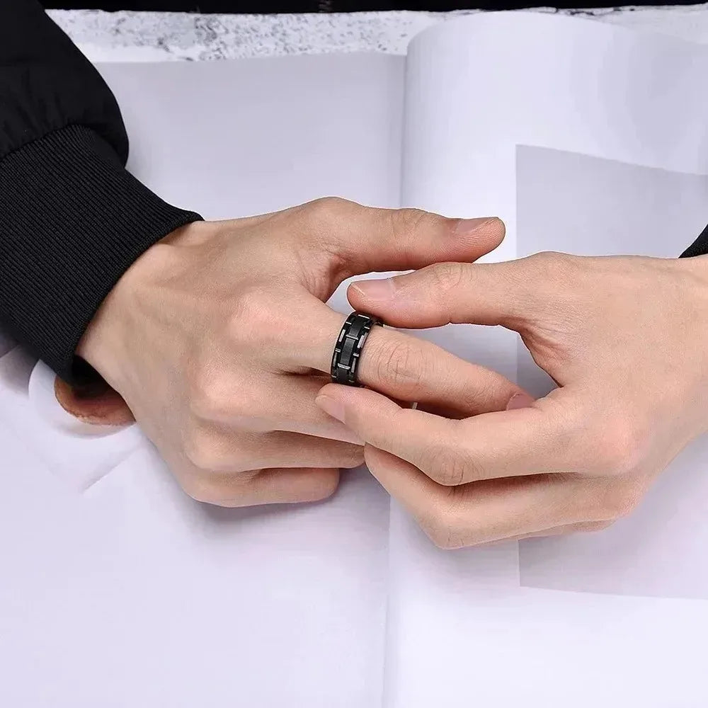 Fashion 8mm Titanium Wedding Rings For Men Black Brushed Brick Pattern Men Stainless Steel Rings Wedding Jewelry Wholesale
