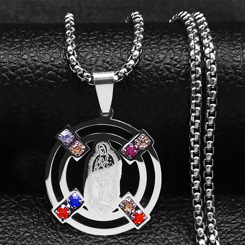Catholic Jesus Cross Stainless Steel Necklace Saint Benedict Crystal Virgin Mary Pendant Crucifix Male Necklaces Jewelry Cruz