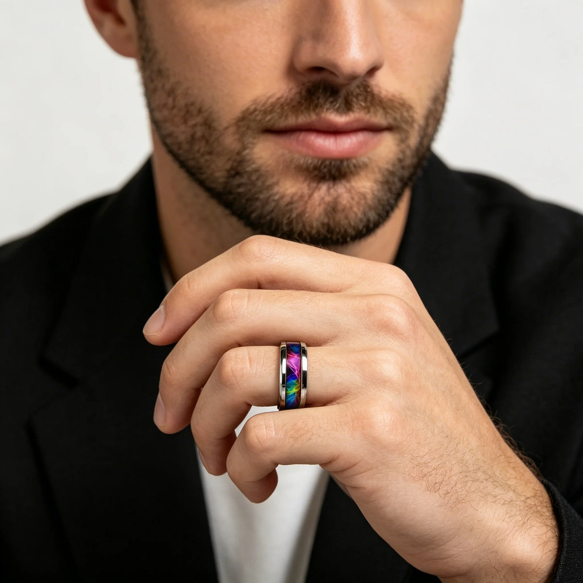 Men Stainless Steel Rings, 8mm Galaxy Style Rainbow Gradient Nebula Inlay Polished Beveled Edge Rings for Men Wedding Bands