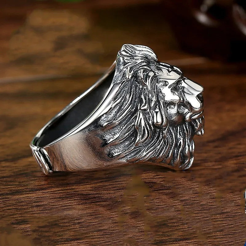 Retro Lion Head Large Ring For Men Silver Color Punk Gothic Open Ring Handmade Jewelry Rock Hiphop Biker Accessories Man Gift
