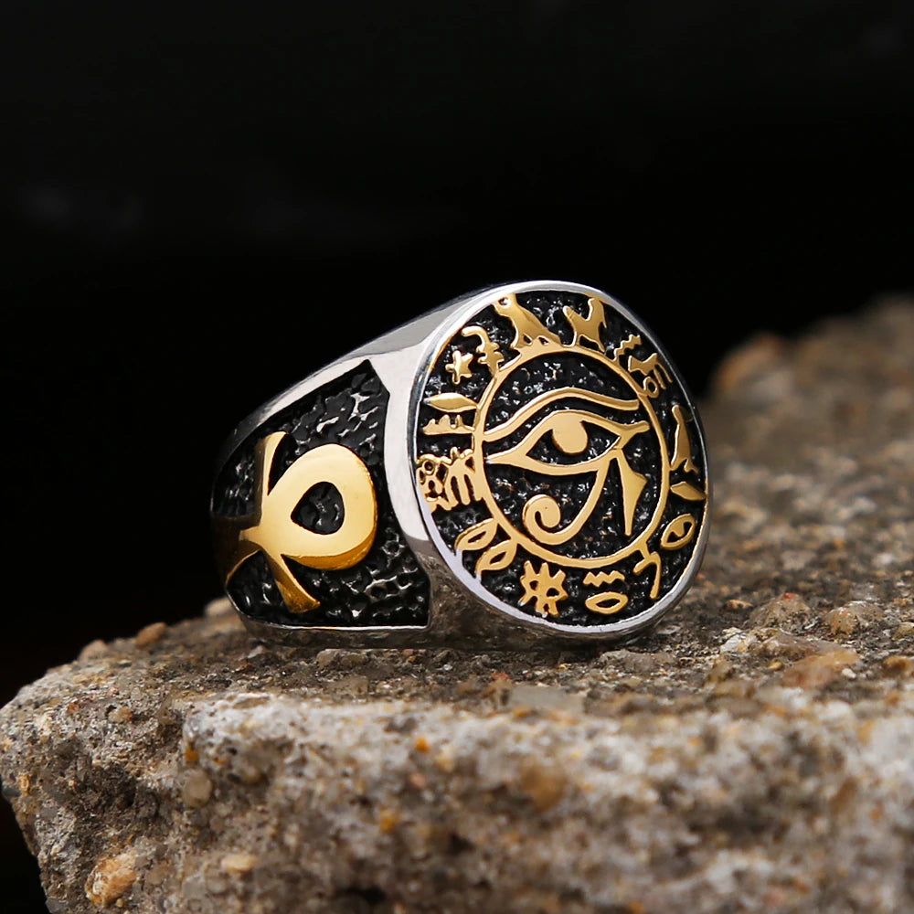 Egyptian Vintage Men Eye Of Horus Ring Fashion Stainless Steel Ankh Cross Ring Punk Biker Amulet Jewelry Gift