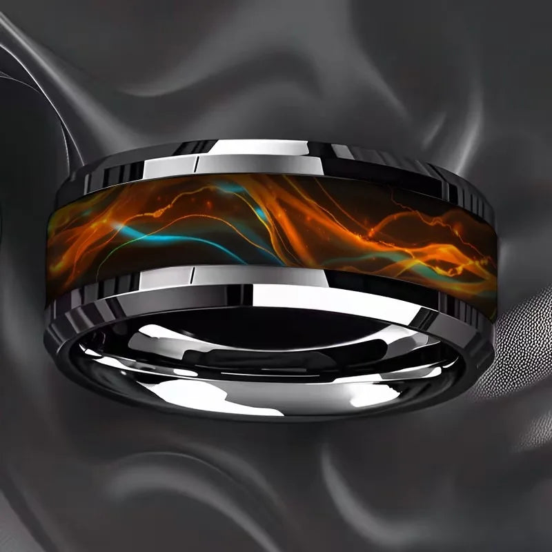 Cute Ocean-Themed 8mm Men Stainless Steel Ring with Dreamy Sea Jellyfish Pattern Inlay Rings for Teenager Wedding Party Jewelry