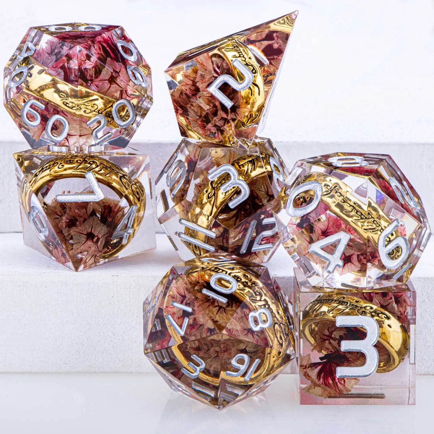ORIFANTOU DND Flower Lord Rings & Liquid Core Sharp Edge Resin Dice Set D&D Dungeon and Dragon Eye D and D Polyhedral Dice
