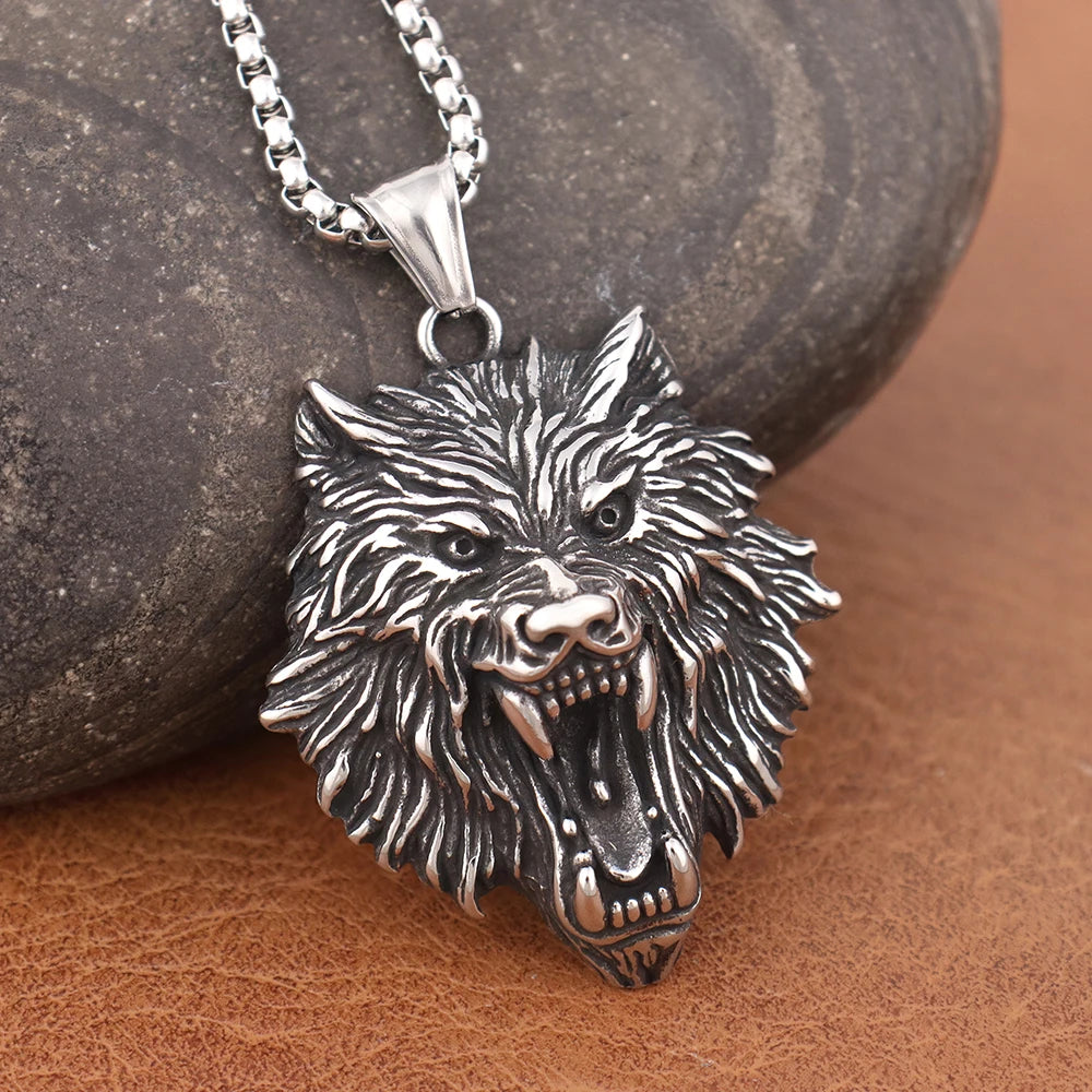 Fashion Charm Viking Wolf Head Pendant Trendy Men's 316L Stainless-Steel Animal Necklace Punk Rock Jewelry Accessories
